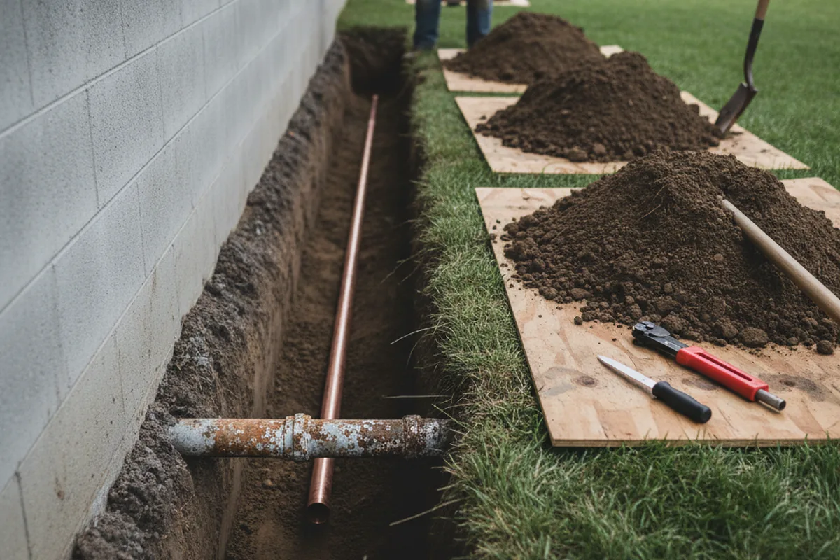 Excavated water line trench during Sewer Line Repair in Worton